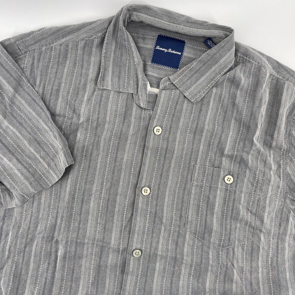 Tommy‎ Bahama Silk Gray Stripe Details Button Down Short Sleeve Shirt Size XL
